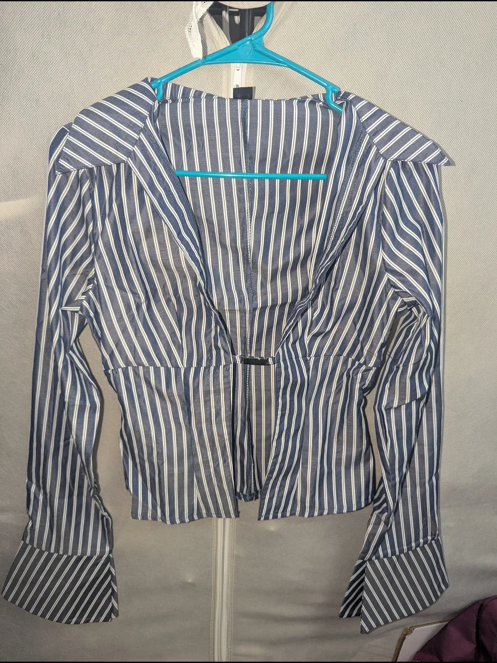 SHEIN Navy and White Vertical Striped Blouse W/ Flare Sleeves